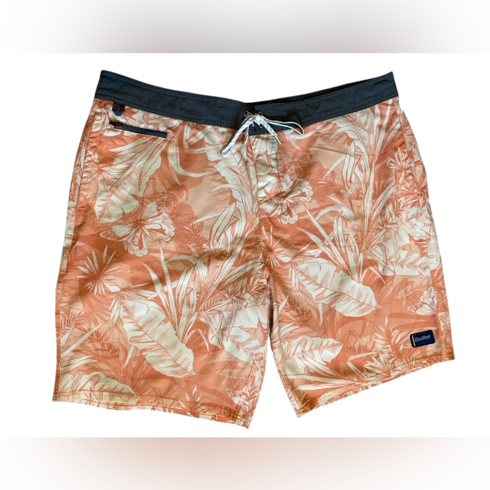 Jack O’Neill Board Shorts, Peach/Ivory/Gray Palm Fronds & Butterflies, Size 40